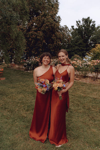 Porto One Shoulder Bridesmaids Dress in Burnt Orange Satin Rewritten Rewritten