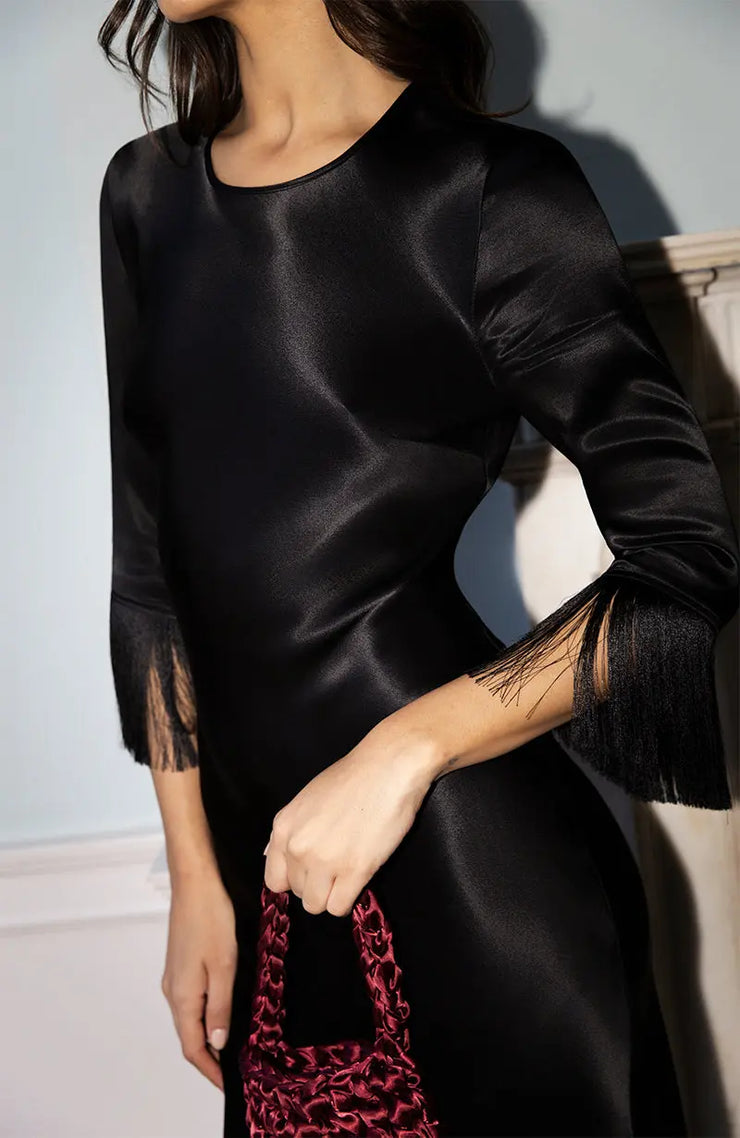 Dolly Fringe Sleeve Dress In Black Rewritten London