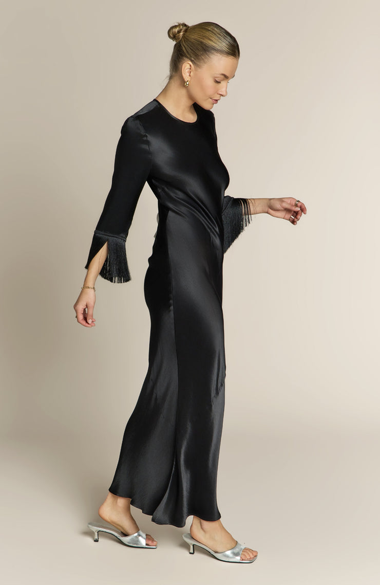 Dolly Fringe Black Satin Party Dress | Rewritten London Occasionwear