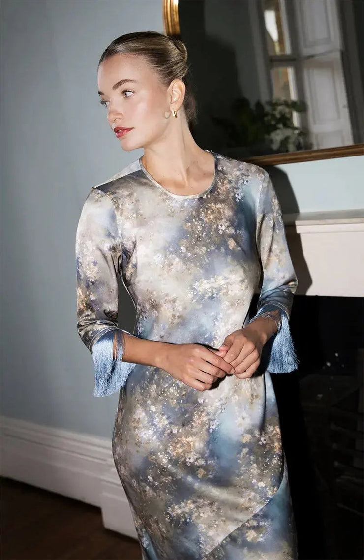 Dolly Fringe Sleeve Dress in Blue Print Rewritten