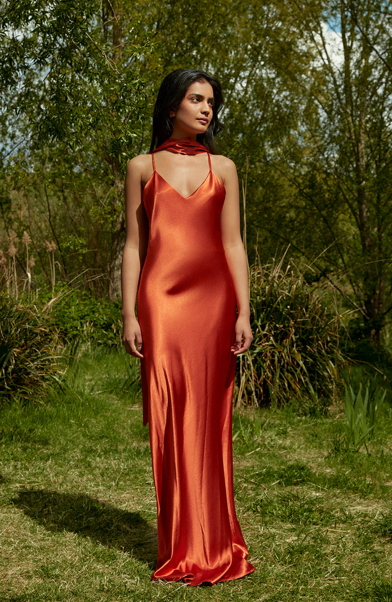 Stylish Brooklyn Dress in Burnt Orange Satin Rewritten Stylish Brooklyn Dress in Burnt Orange Satin Rewritten