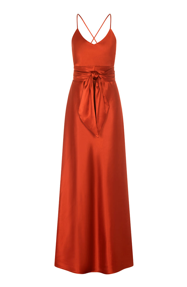 Bias cut satin slip bridesmaids dress in burnt orange. A beautiful rich copper rust colour.