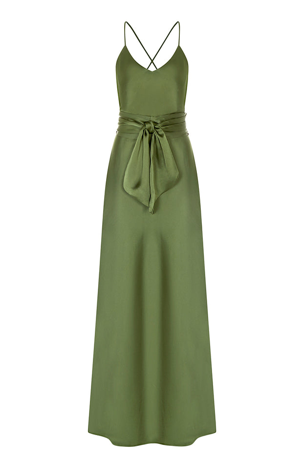 Brooklyn Dress in Olive Green Satin