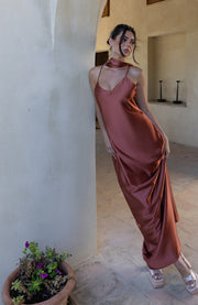 Terracotta coloured bridesmaid dress with neck tie