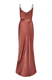 Rose gold evening gown on a white background
