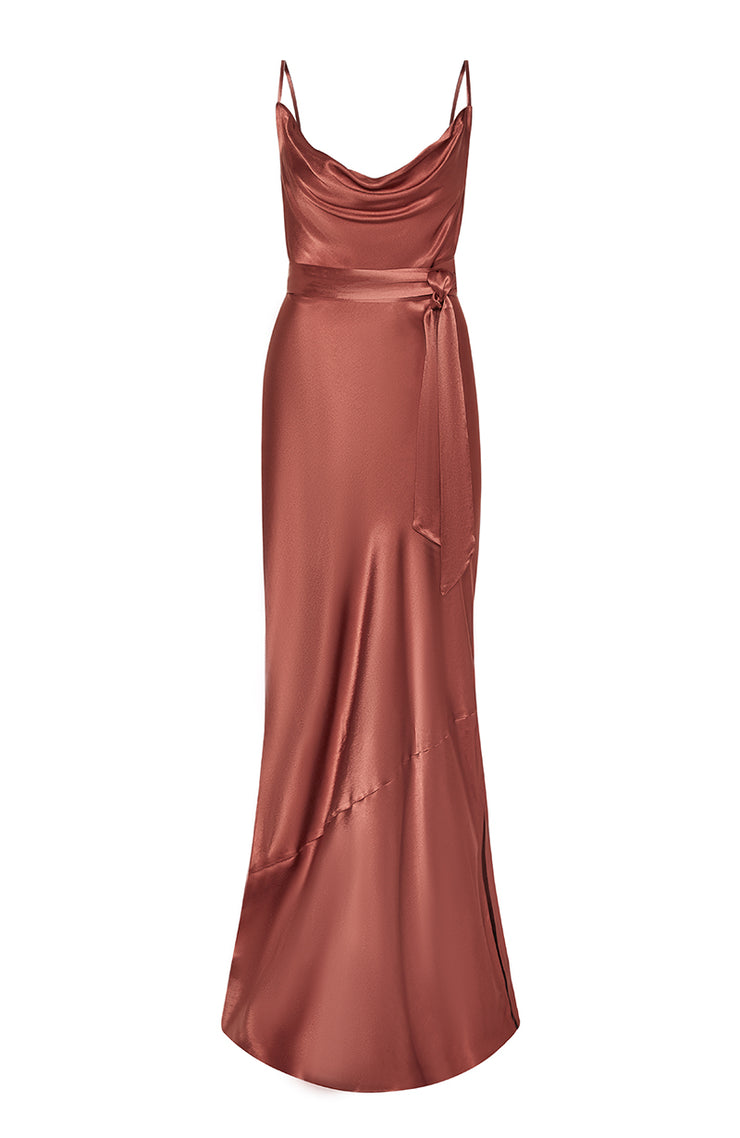 Rose gold evening gown on a white background