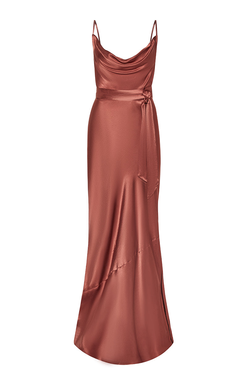 la lune bias cowl midi dress terracotta Pollenca Cowl Neck Bridesmaids Dress in Terracotta Satin