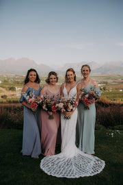 mix of blue pink and marine green off shoulder bridesmaids dress