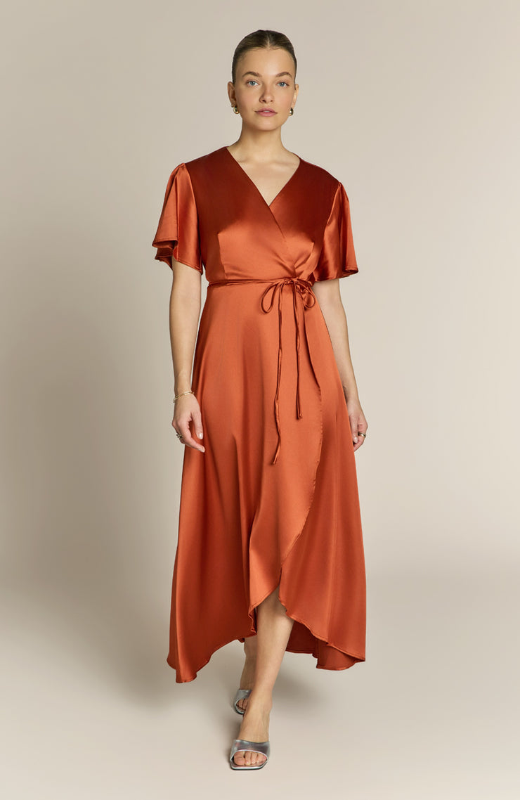 Florence Waterfall Dress in Burnt Orange Satin - Rewritten London Florence Waterfall Dress in Burnt Orange Satin - Rewritten London