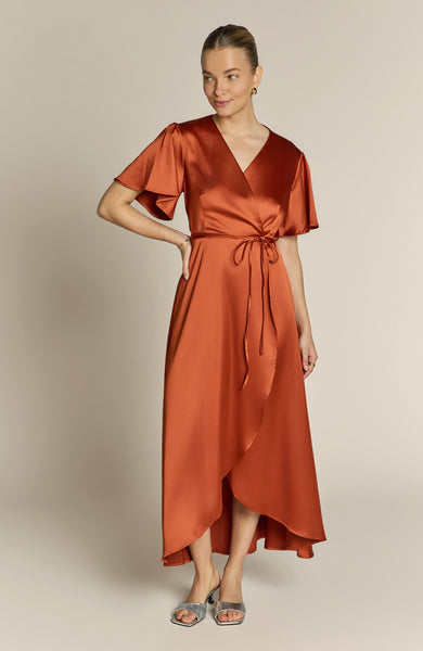 Florence Wrap Bridesmaids Dress In Burnt Orange Satin