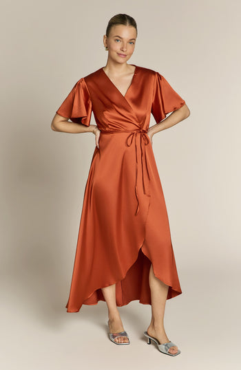 Florence Waterfall Dress in Burnt Orange Satin