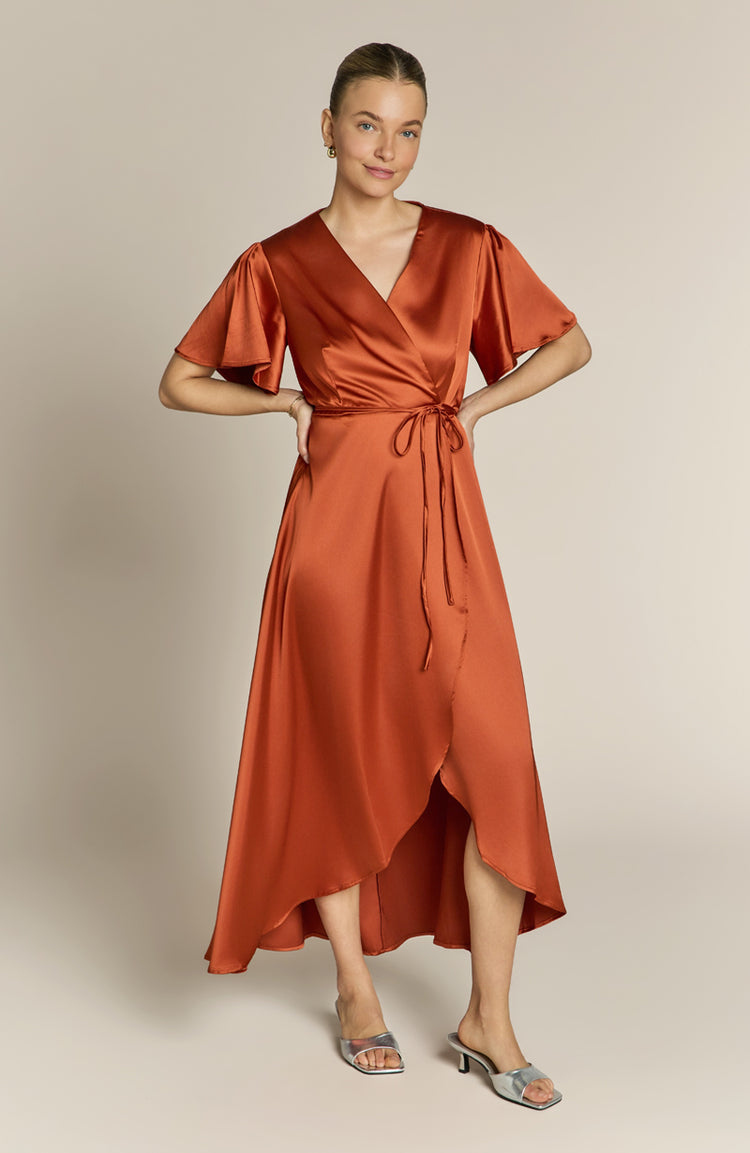 Florence Wrap Bridesmaids Dress In Burnt Orange Satin