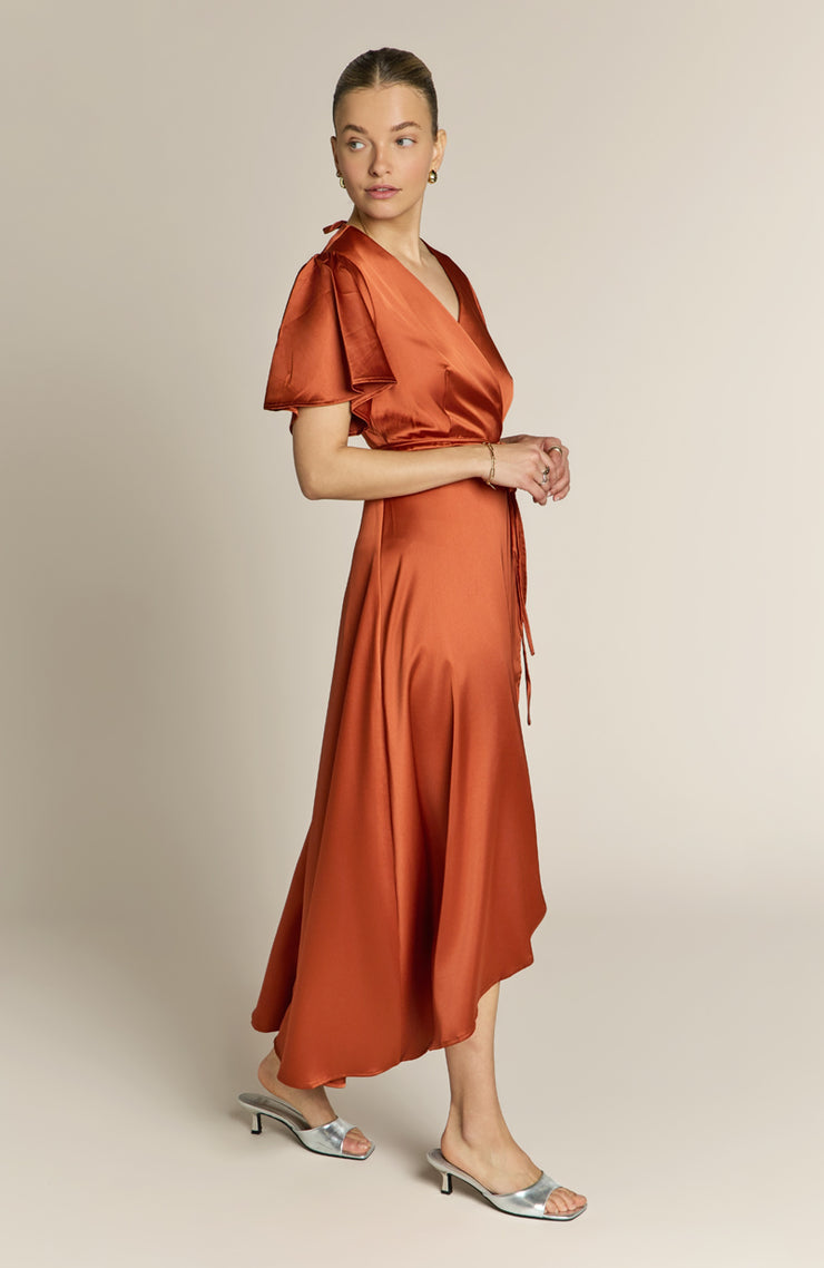 Florence Waterfall Dress in Burnt Orange Satin - Rewritten London