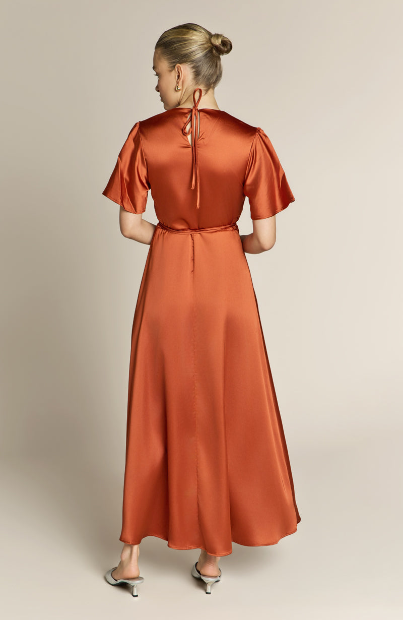 Florence Waterfall Dress in Burnt Orange Satin - Rewritten London Florence Waterfall Dress in Burnt Orange Satin - Rewritten London