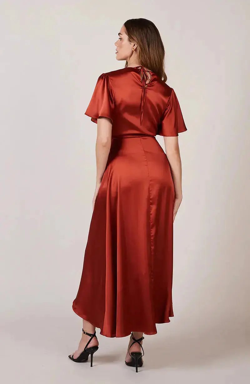 Florence Wrap Bridesmaids Dress In Burnt Orange Satin Rewritten
