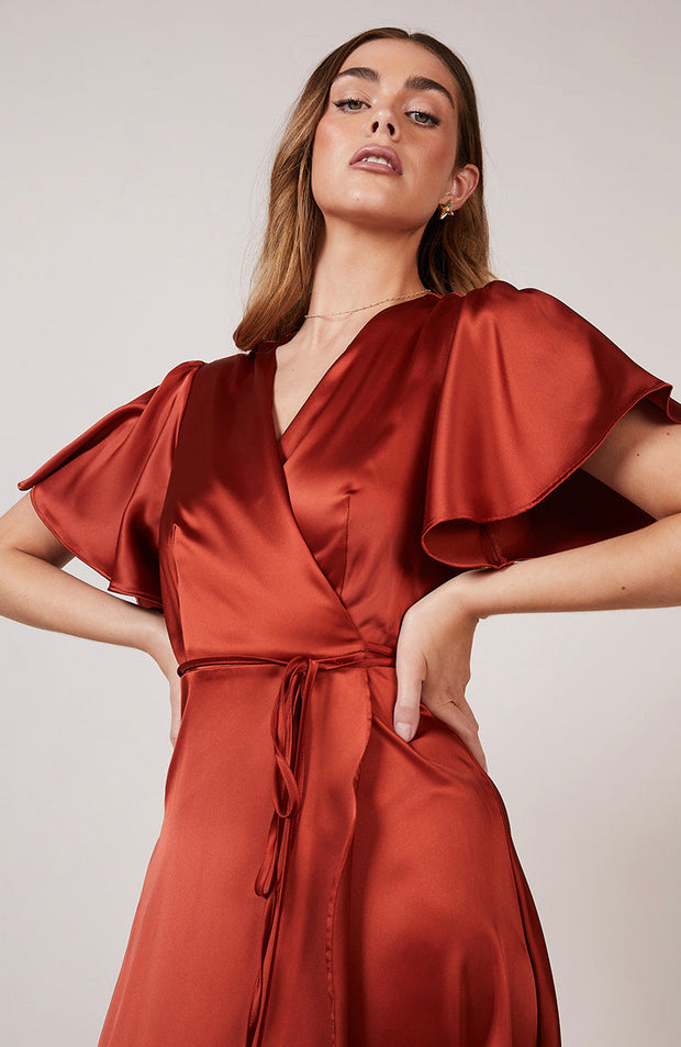 Florence Waterfall Dress in Burnt Orange Satin SAMPLE SALE