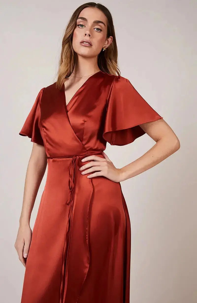 Florence Wrap Bridesmaids Dress In Burnt Orange Satin