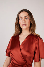 Florence Waterfall Dress in Burnt Orange Satin SAMPLE SALE