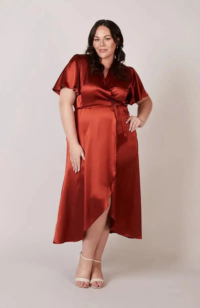 Florence Wrap Bridesmaids Dress In Burnt Orange Satin Rewritten