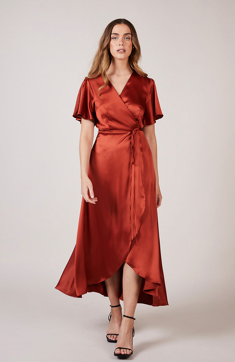 Florence Wrap Bridesmaids Dress In Burnt Orange Satin