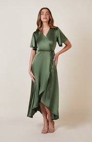 Florence Waterfall Dress in Olive Green Satin SAMPLE SALE