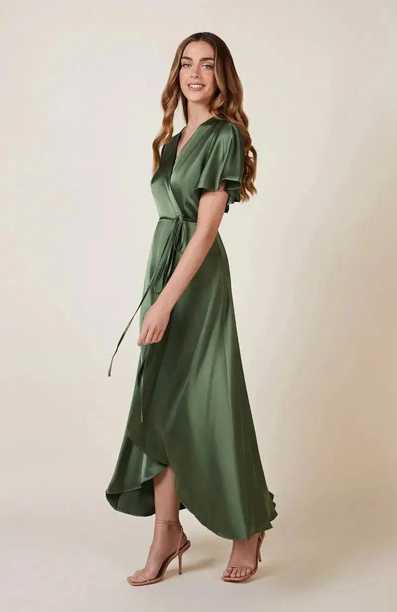 Florence Wrap Bridesmaids Dress In Olive Green Satin