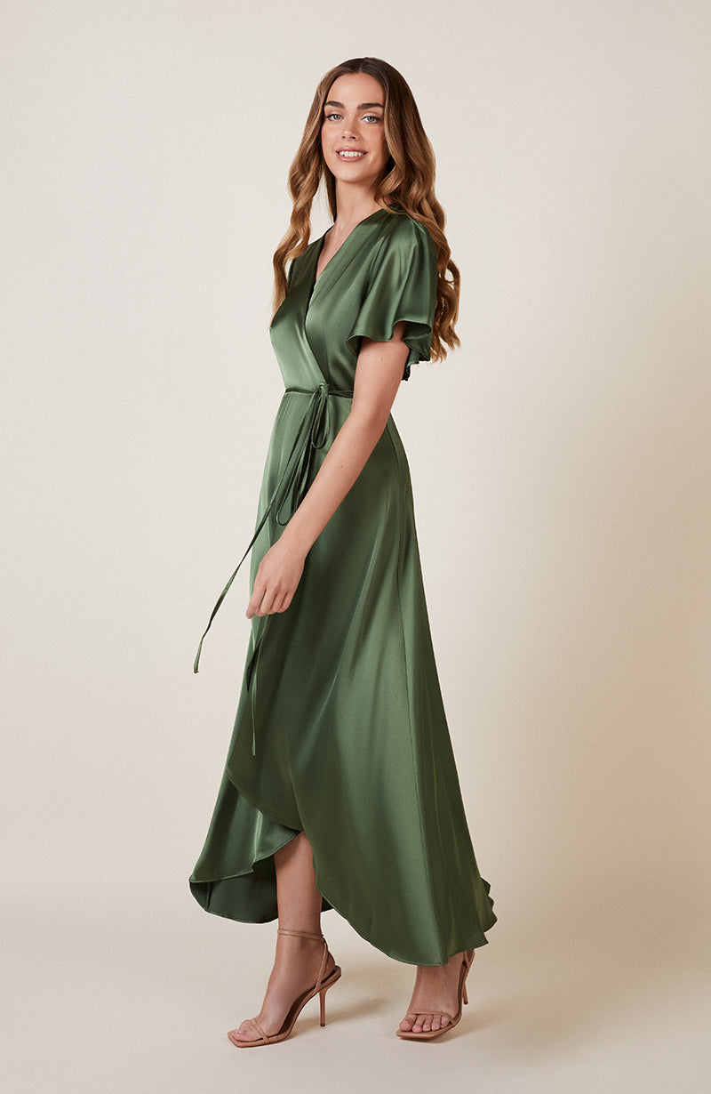 Florence Wrap Bridesmaids Dress In Olive Green Satin | Rewritten – Rewritten