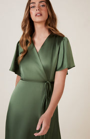 Florence Waterfall Dress in Olive Green Satin SAMPLE SALE