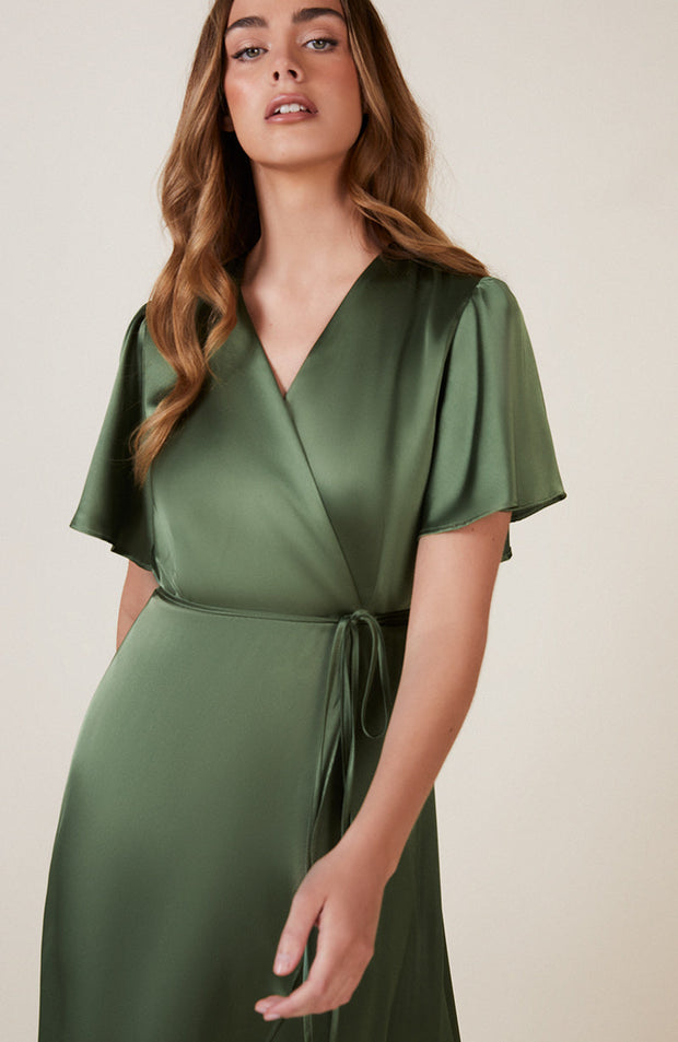 Florence Waterfall Dress in Olive Green Satin SAMPLE SALE