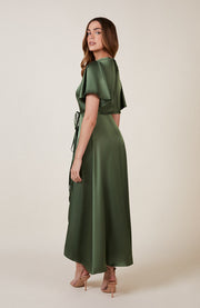 Florence Waterfall Dress in Olive Green Satin SAMPLE SALE