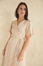 Florence wrap satin bridesmaids dress.