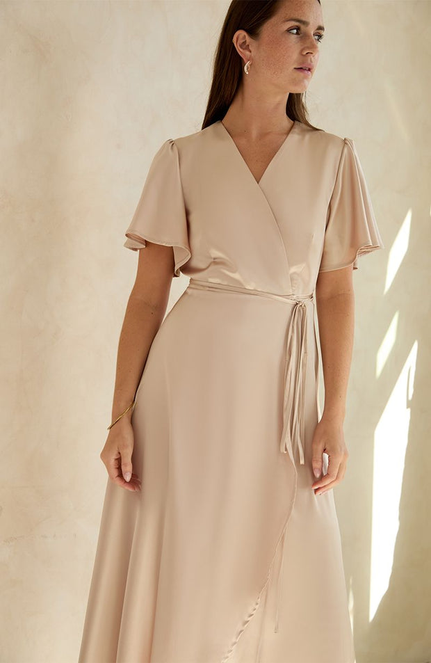 Florence wrap satin bridesmaids dress.