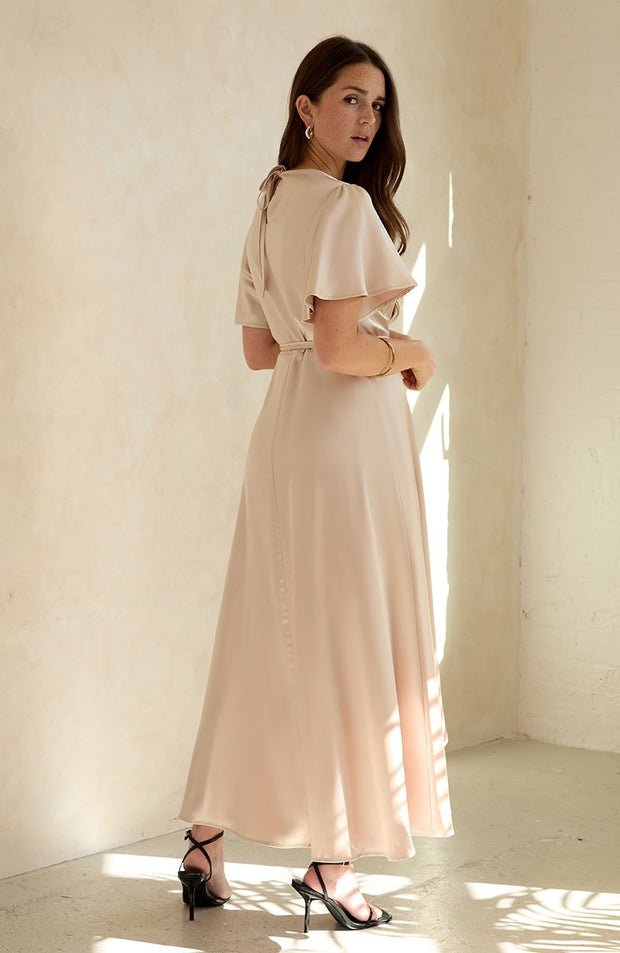 Florence wrap satin bridesmaids dress.