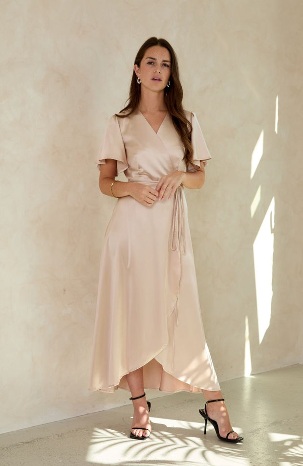 Florence wrap satin bridesmaids dress.