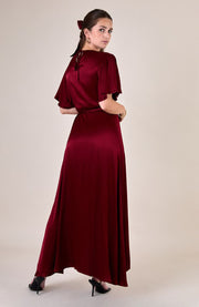 Florence wrap satin bridesmaids occasion wear dress in red burgundy.