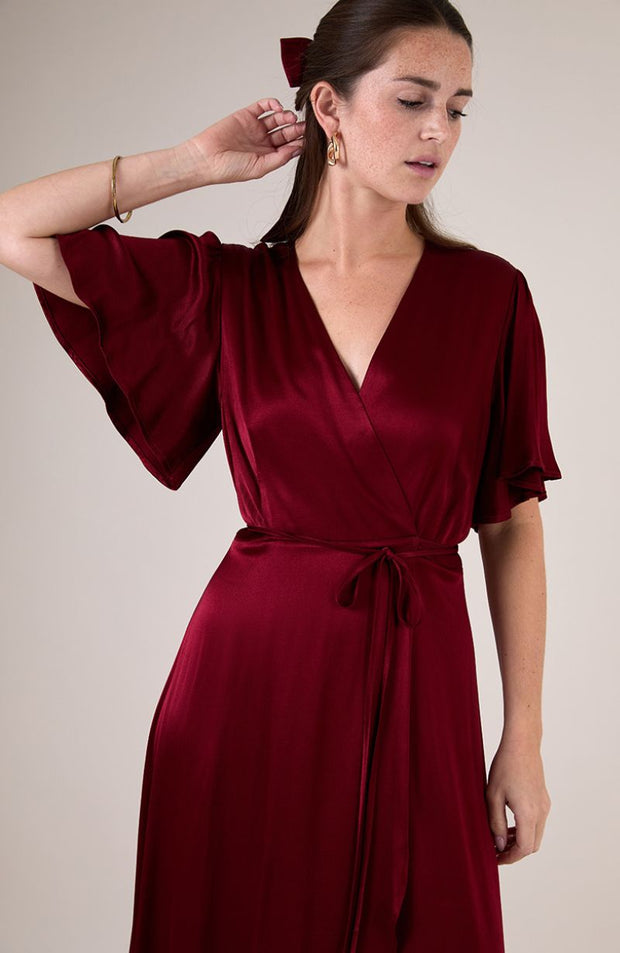 Florence wrap satin bridesmaids occasion wear dress in red burgundy.