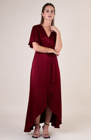 Florence wrap satin bridesmaids occasion wear dress in red burgundy.