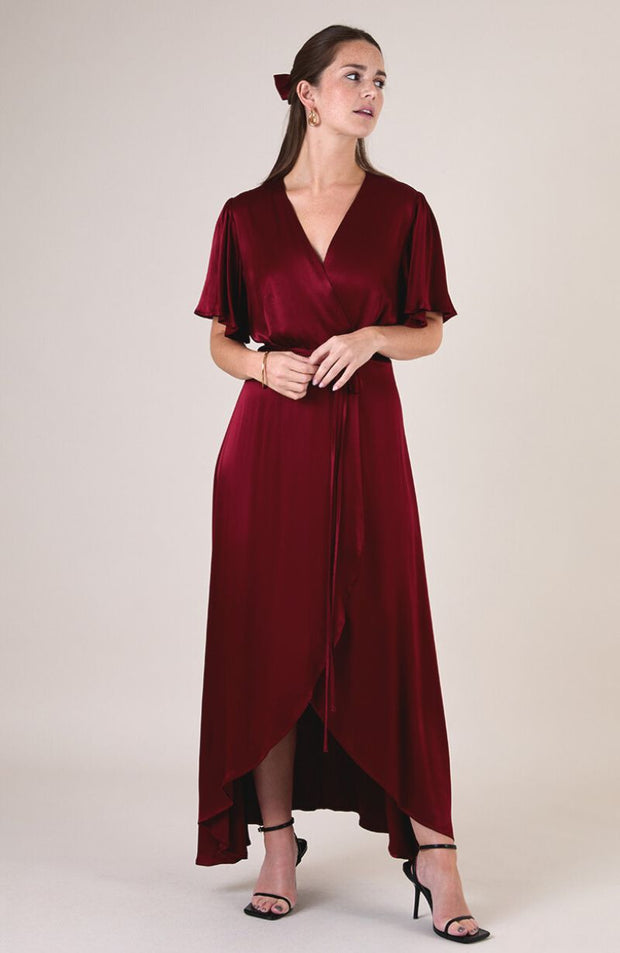 Florence wrap satin bridesmaids occasion wear dress in red burgundy.