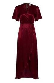 Burgundy satin dress on a white background