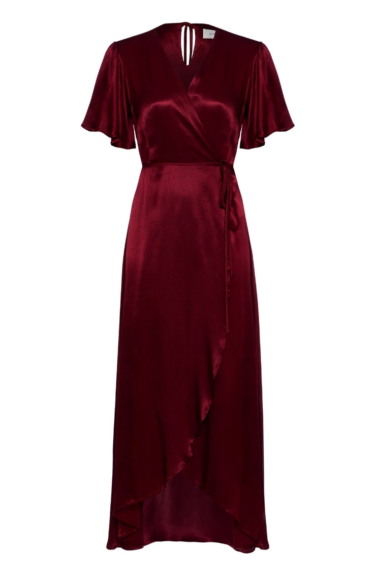 Burgundy satin dress on a white background
