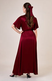 Florence wrap satin bridesmaids occasion wear dress in red burgundy.