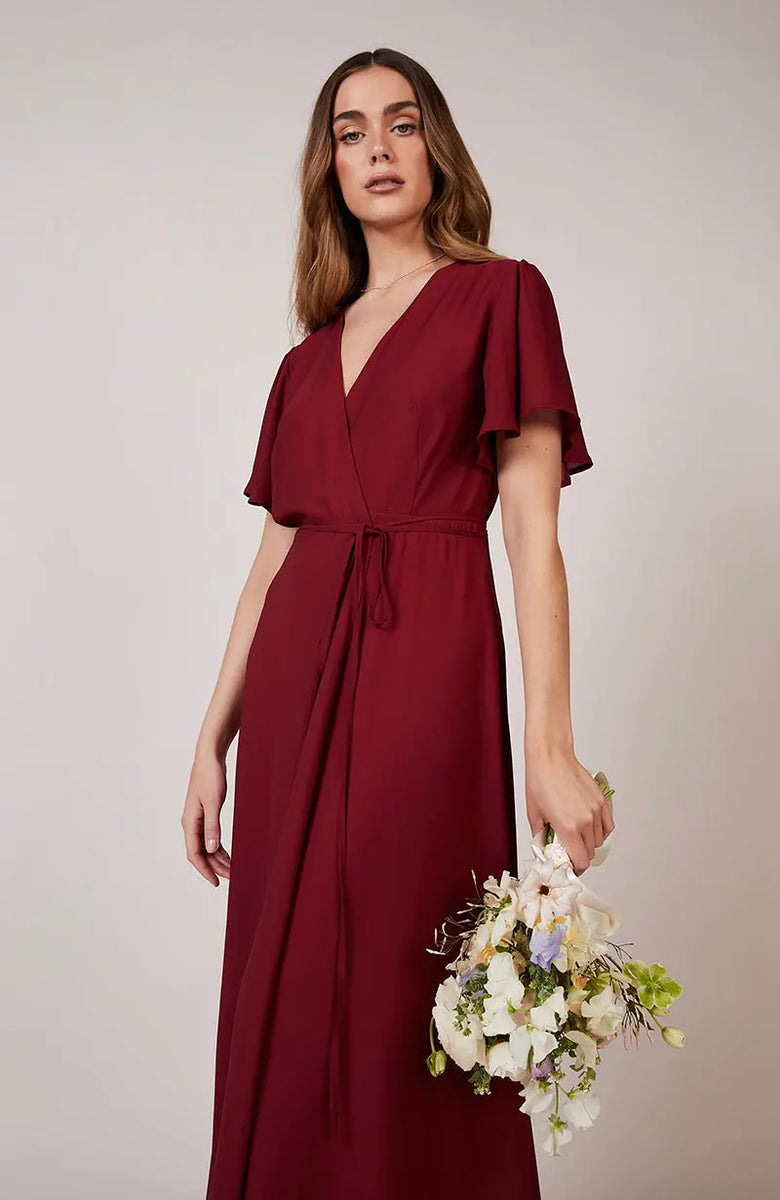 Rewritten Red Florence Wrap Bridesmaids Dress in Red | Rewritten London