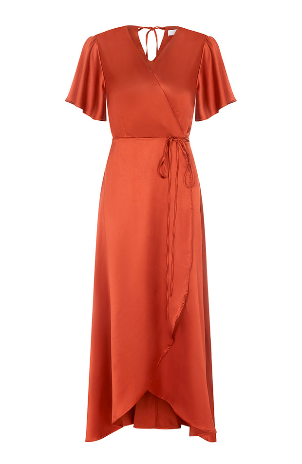 Satin wrap bridesmaids dress in burnt orange with a short sleeve A beautiful rich copper rust colour, this dress is a modern and stylish option for all occasions.