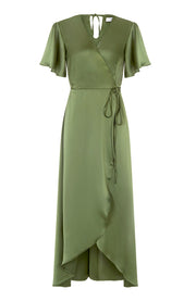 Florence Waterfall Dress in Olive Green Satin SAMPLE SALE