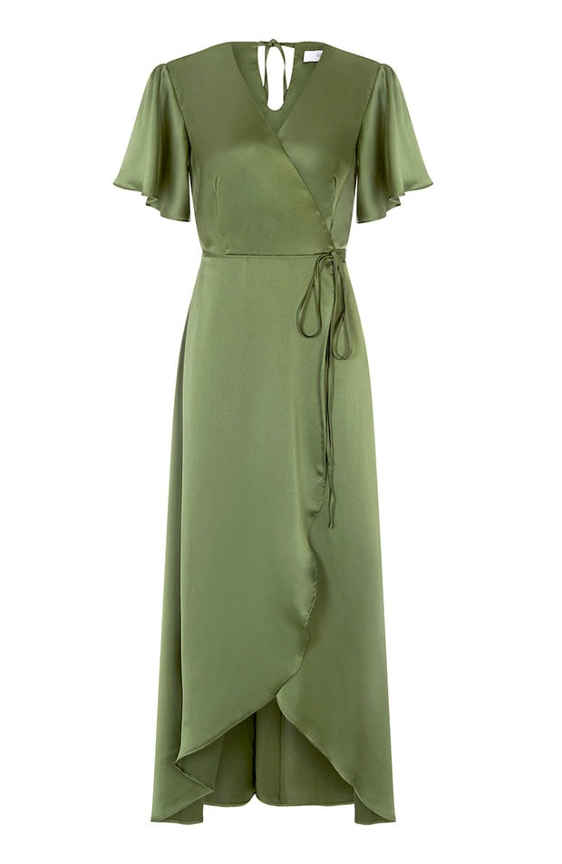 Florence Waterfall Dress in Olive Green Satin SAMPLE SALE