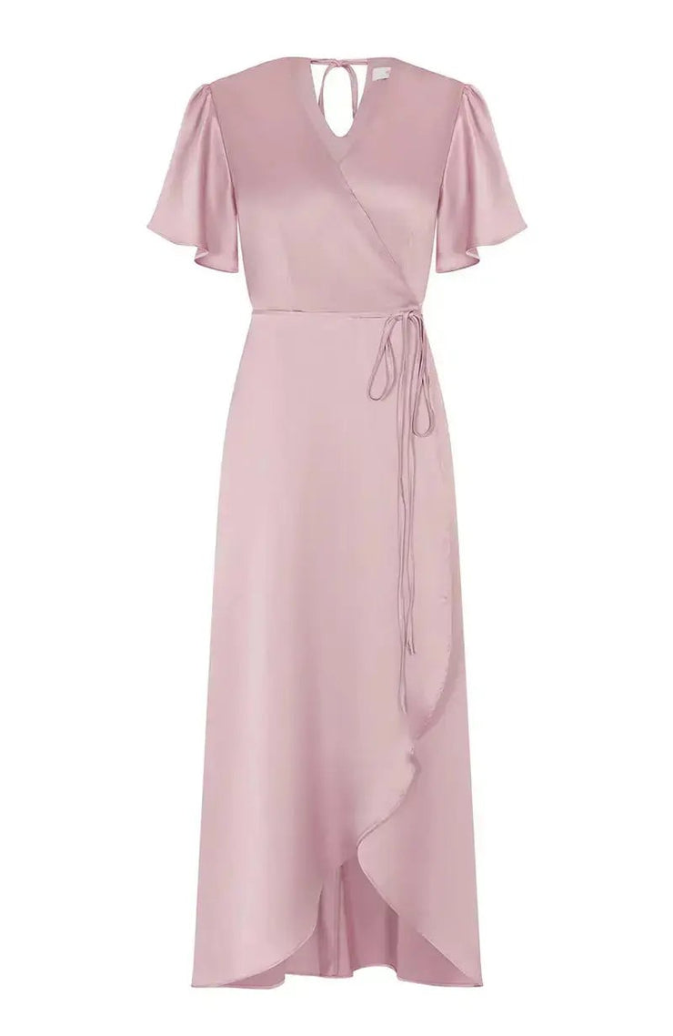Florence Waterfall Dress in Rose Pink Satin - Rewritten London Florence Waterfall Dress in Rose Pink Satin - Rewritten London