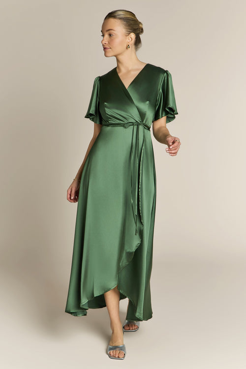 Florence Waterfall Dress in Olive Green Satin