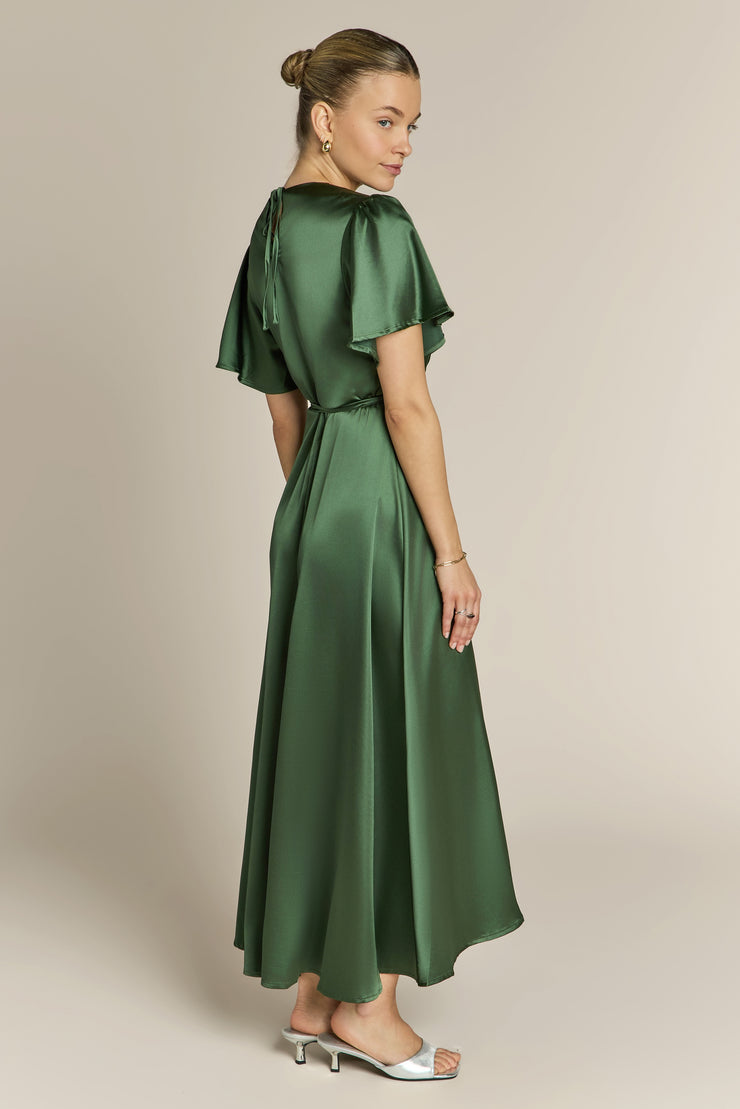 Florence Waterfall Wrap Dress in Olive Green Satin | Bridesmaid Dresses   Rewritten