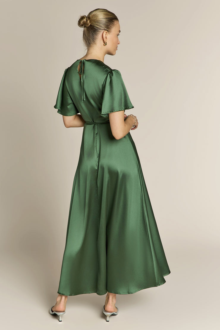 Florence Waterfall Dress in Olive Green Satin - Rewritten London