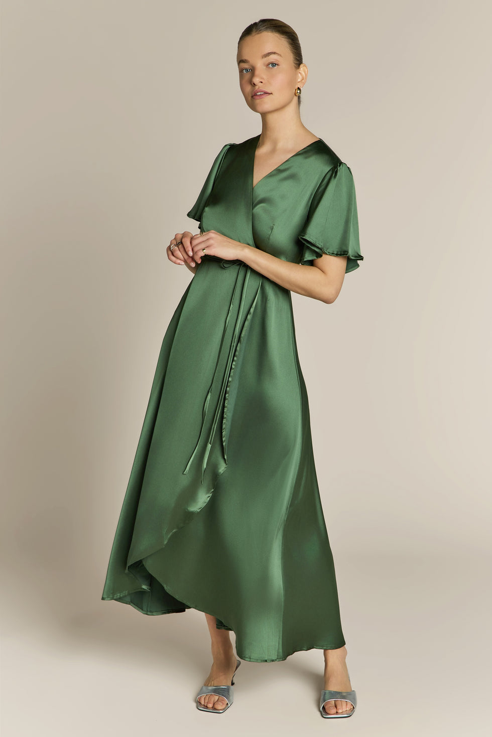 Florence Waterfall Dress in Olive Green Satin